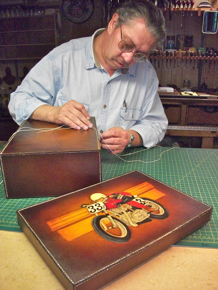 Hand sewing the Hinkle Humidor. Â©James Acord 2012